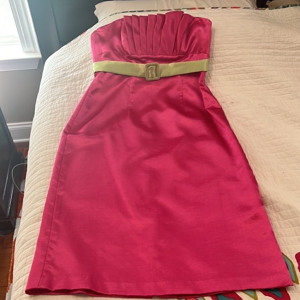Jasmine hot pink shell top strapless dress with green belt